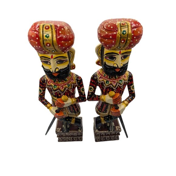 Pair of rajasthani wooden statue handicraft painted royal gate keeper watch man - Picture 6 of 12